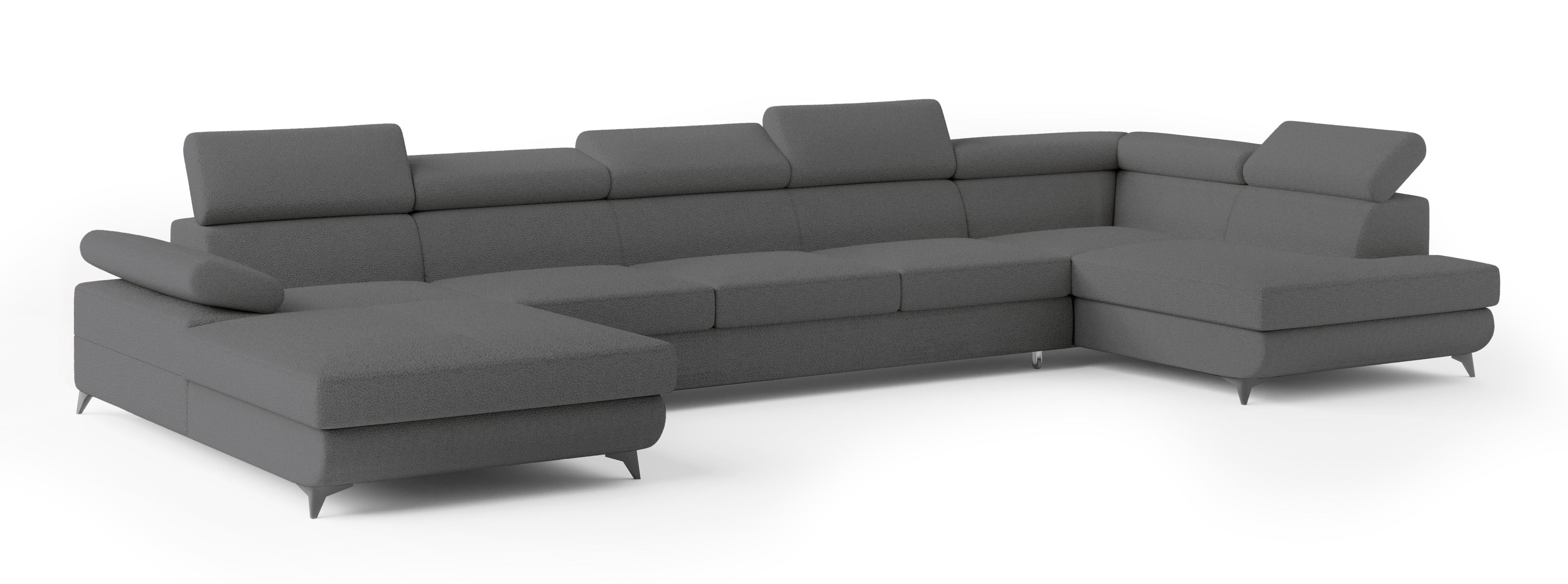 WOHNLANDSCHAFT MONTIVA Grau Boucle-Stoff mit Schlaffunktion - Grau, Holz (410/89/190cm) - MASSENO