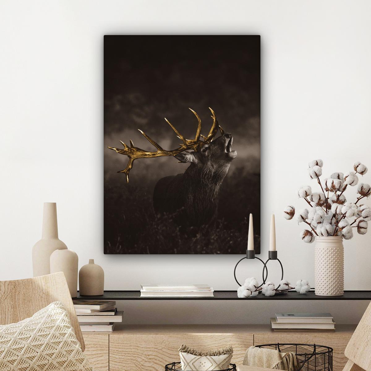 LEINWANDBILD Rotwild - Schwarz - Gold Wandbild Wohnzimmer 60x80 cm - Braun, Textil (60/80cm) - MuchoWow
