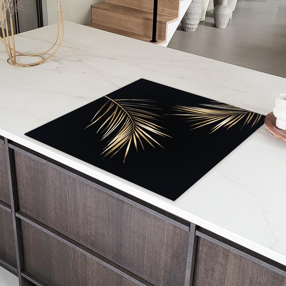 HERDABDECKPLATTE Blätter - Pflanzen - Gold - Schwarz - Luxus Induktionsmatte 78x78 cm - Goldfarben, Kunststoff (78/78/0.2cm) - MuchoWow