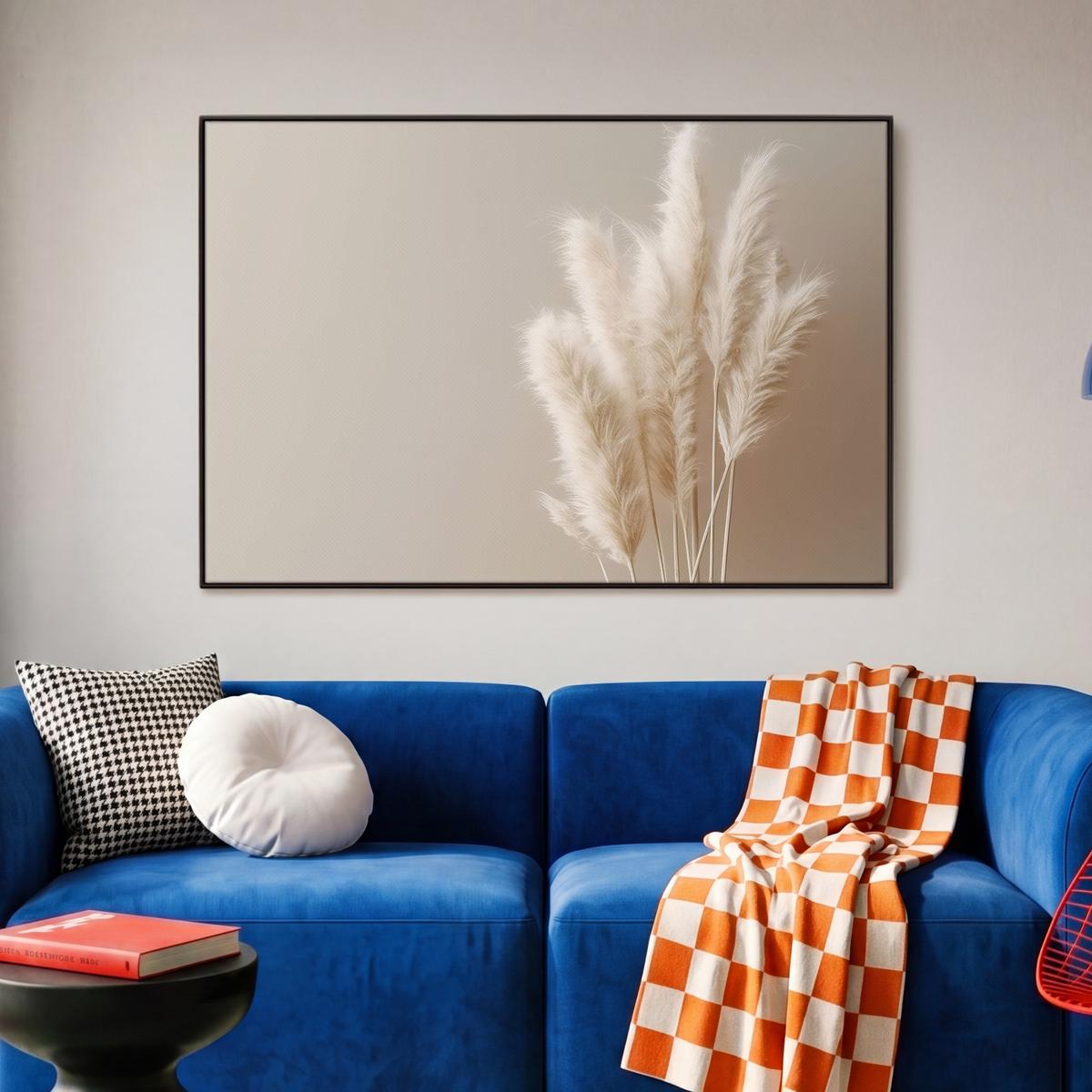 LEINWAND Bilder mit Rahmen - Pampasgras - Federn - Pastell - Weiß - 90x60 - Naturfarben, Textil (90/60cm) - MuchoWow