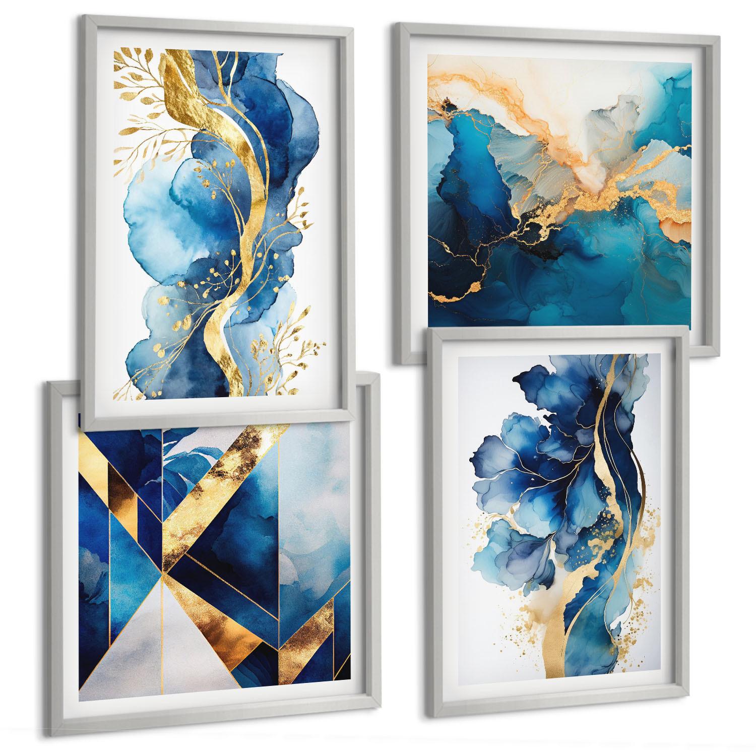 BILDER SET 4er Set - 50x50 cm & 40x60 cm Silberner Rahmen - Blaue abstrakte Muster - Silberfarben, Kunststoff (50/50cm) - TULUP