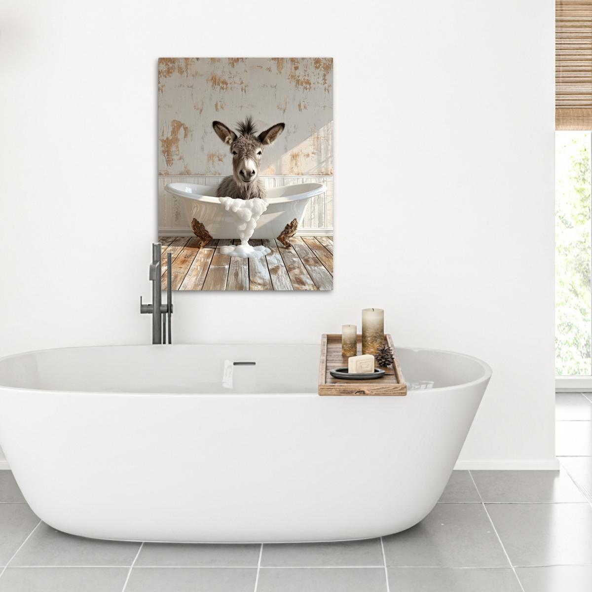 LEINWANDBILD Esel - Tiere - Badewanne - Schaumstoff Wandbild Wohnzimmer 60x80 cm - Weiß, Textil (60/80cm) - MuchoWow