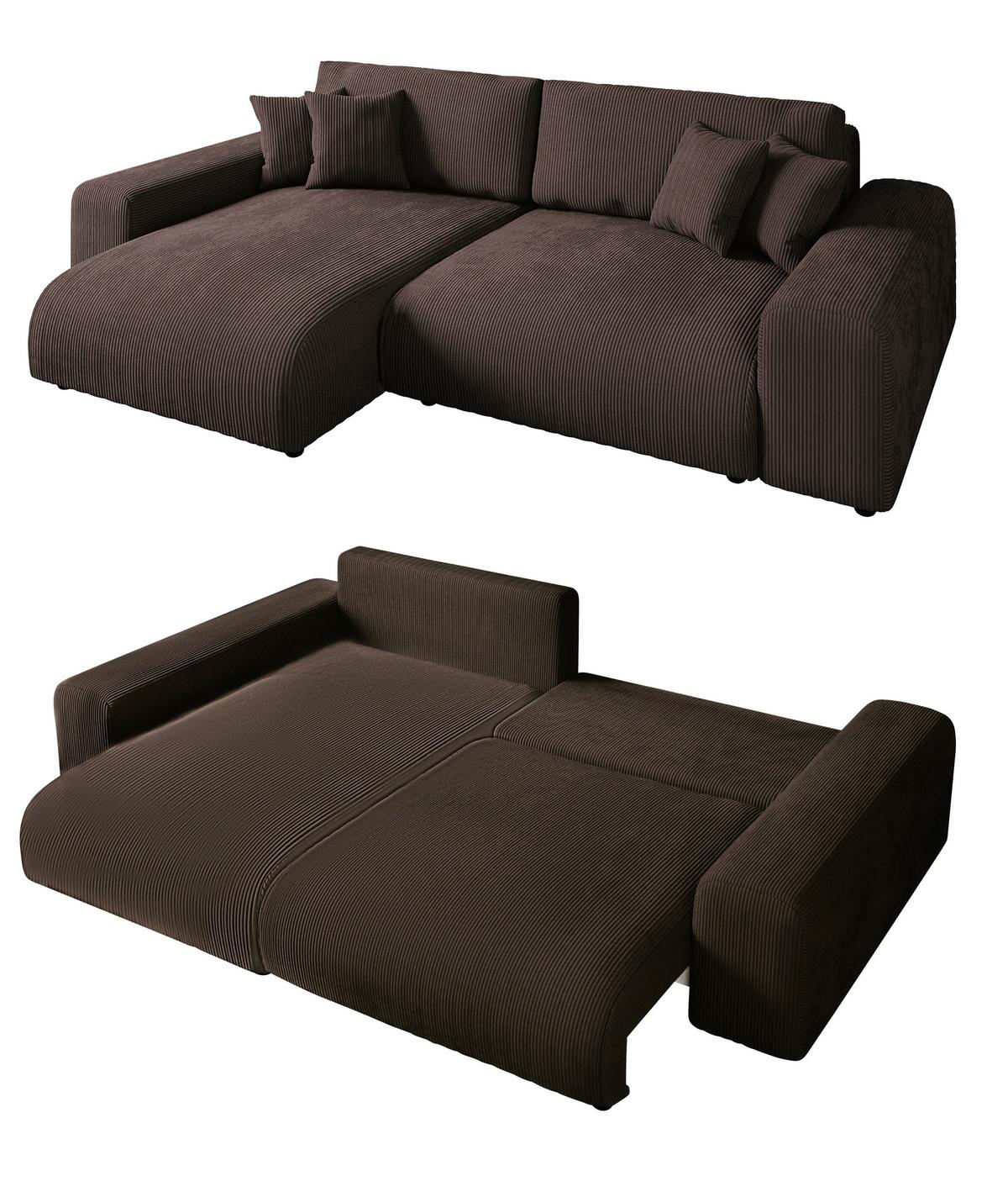 ECKSOFA mit Schlaffunktion, Bettkasten, Wellenunterfederung, seitenverkehrt montierbar B255/T165/H84 cm, Liegefl. 148x196 cm, Cord Dunkelbraun / 21003 - Dunkelbraun/Schwarz, Kunststoff/Textil (255/165cm) - luma-home