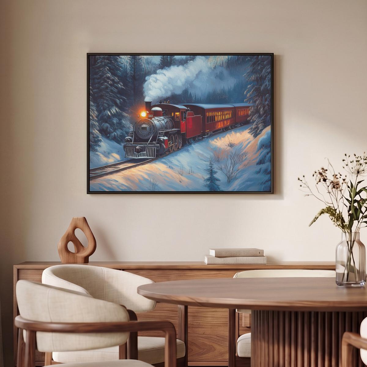 LEINWAND Bilder mit Rahmen - Zug - Weihnachten - Schnee - Weihnachtszug - 80x60 - Anthrazit, Textil (80/60cm) - MuchoWow