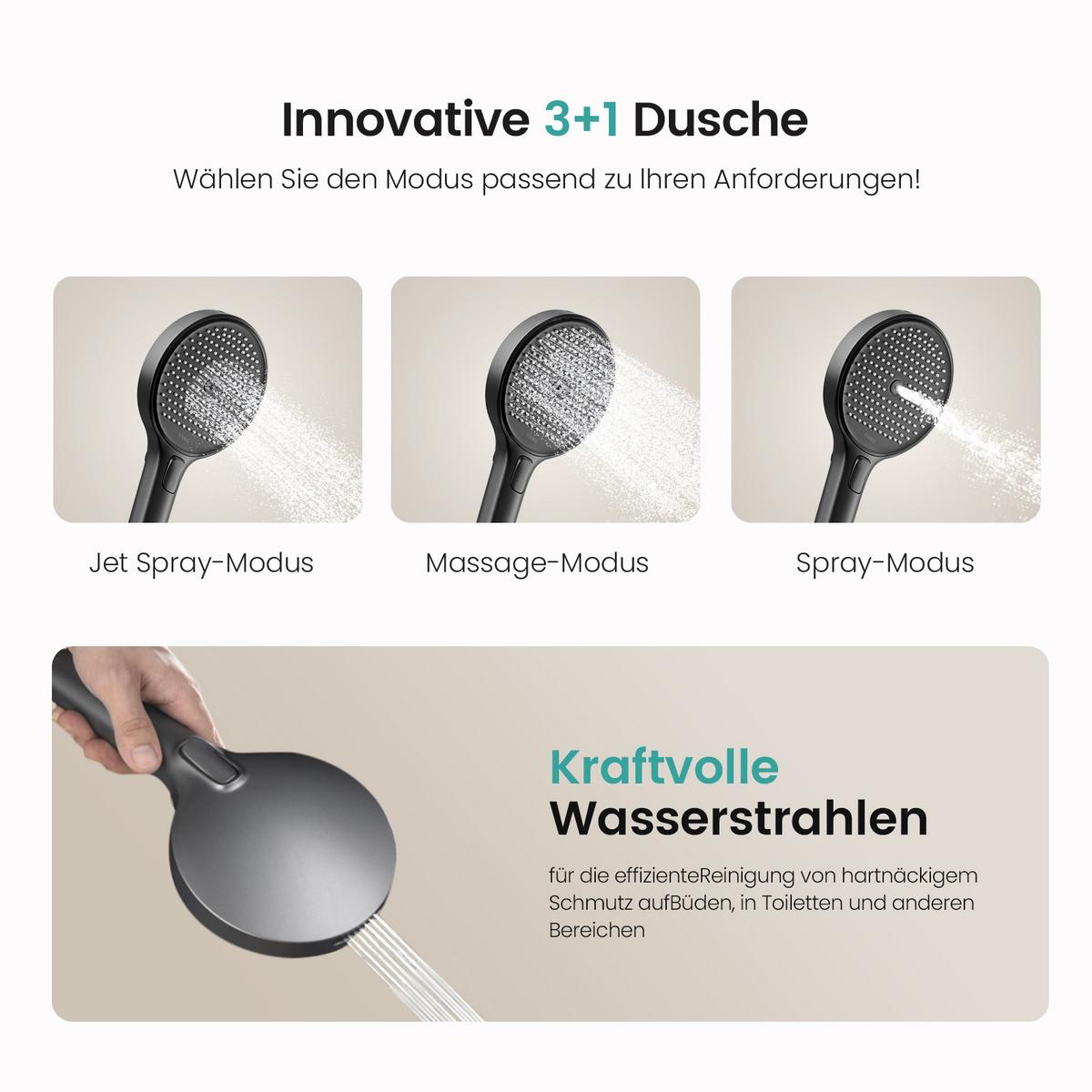 ÜBERKOPFBRAUSESET mit Thermostat 3 Auslässe Anthrazit 105/40,1/57,3 cm - Anthrazit, Metall (40/105/57cm) - EMKE