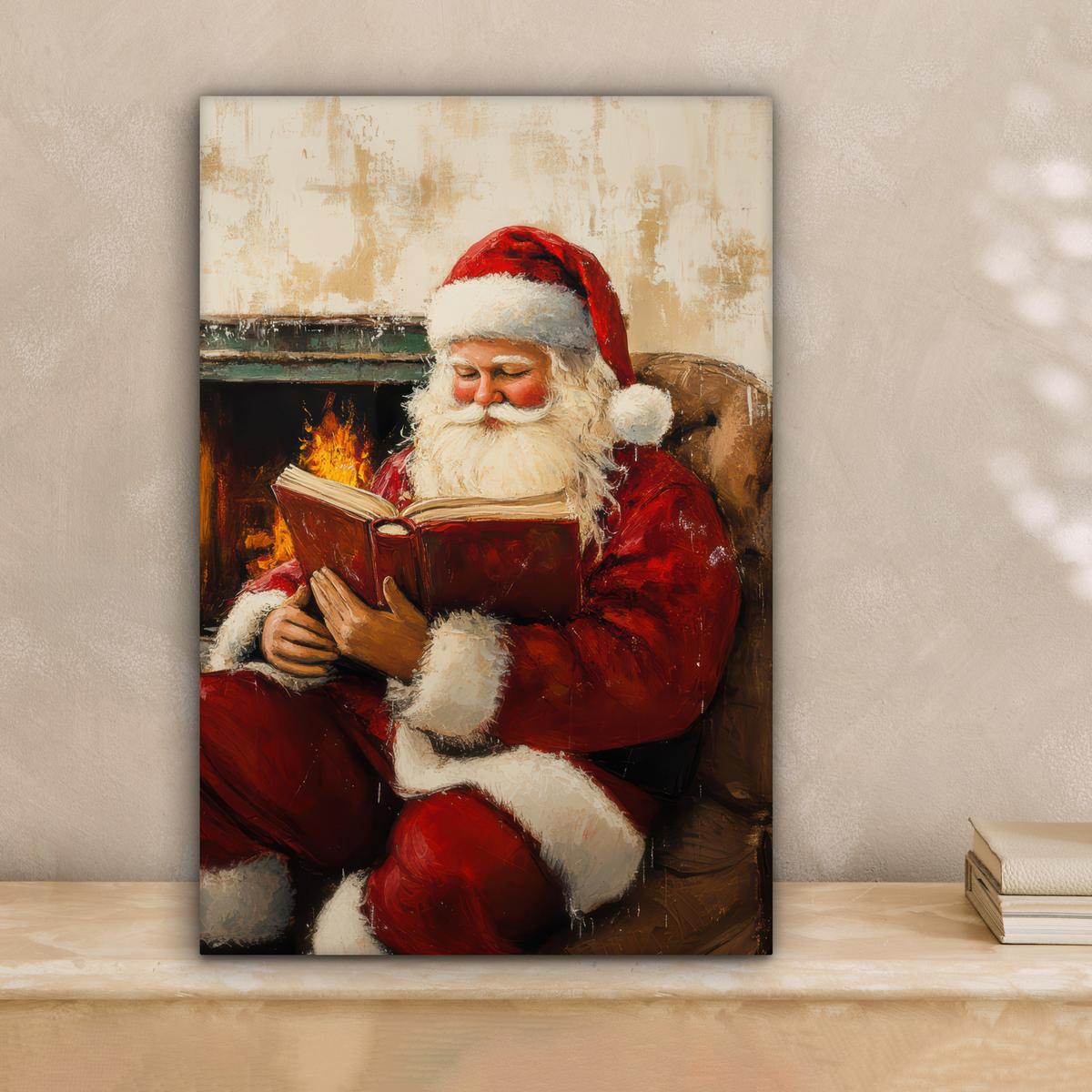 LEINWANDBILD Weihnachten - Weihnachtsmann - Winter - Open Fireside Deko Wohnzimmer 20x30 cm - Dunkelrot, Textil (20/30cm) - MuchoWow
