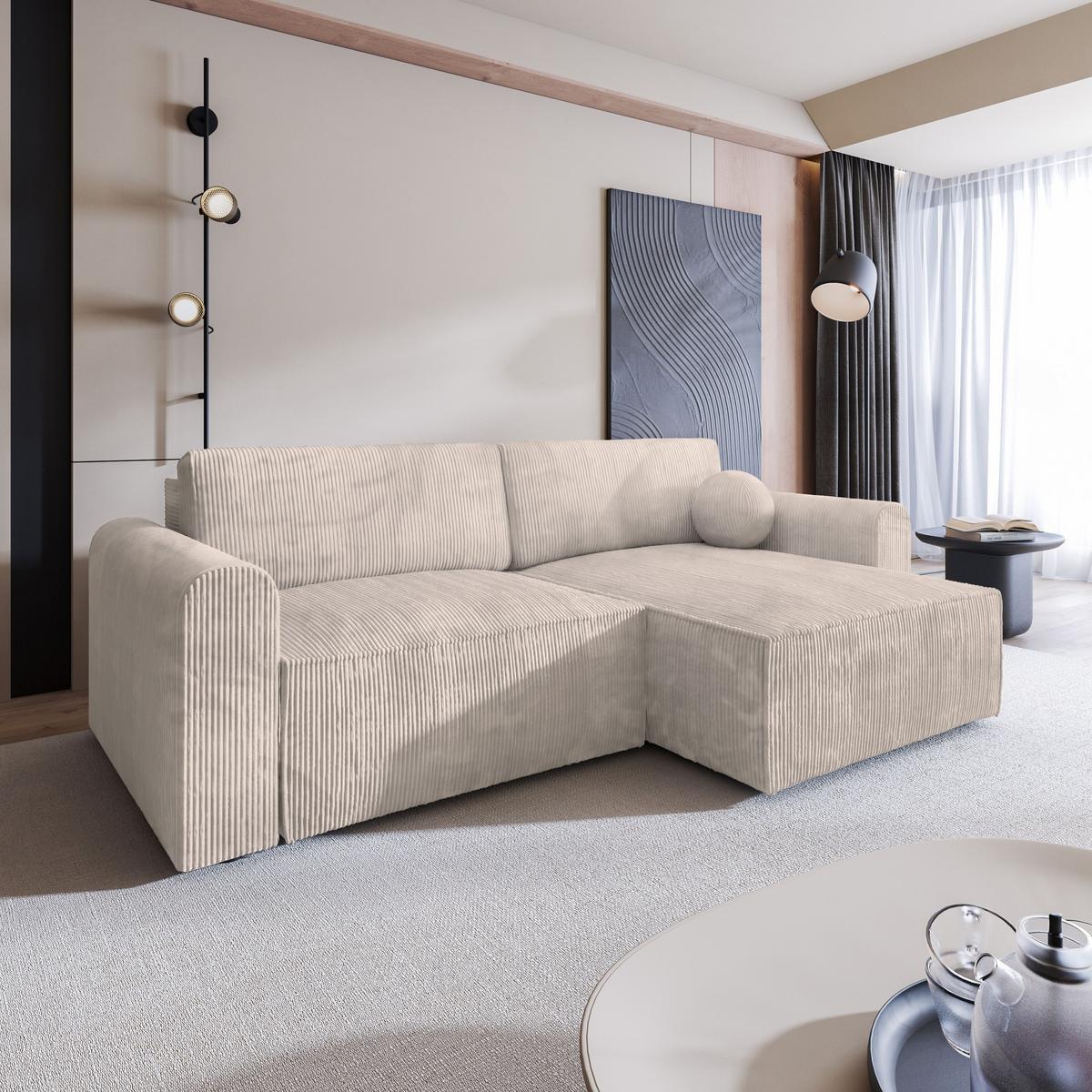 ECKSOFA FIANO P Creme Kordstoff mit Schlaffunktion - Creme/Grau, Holz/Kunststoff (245/148cm) - MASSENO