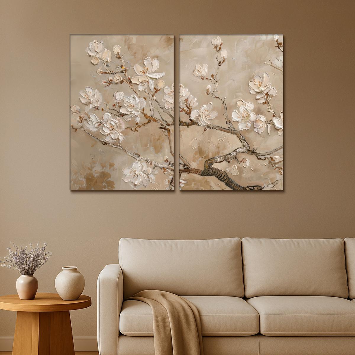 LEINWANDBILD 2er Set Beige - Blüte - Modern 120x90 cm - Beige, Textil (120/90cm) - MuchoWow
