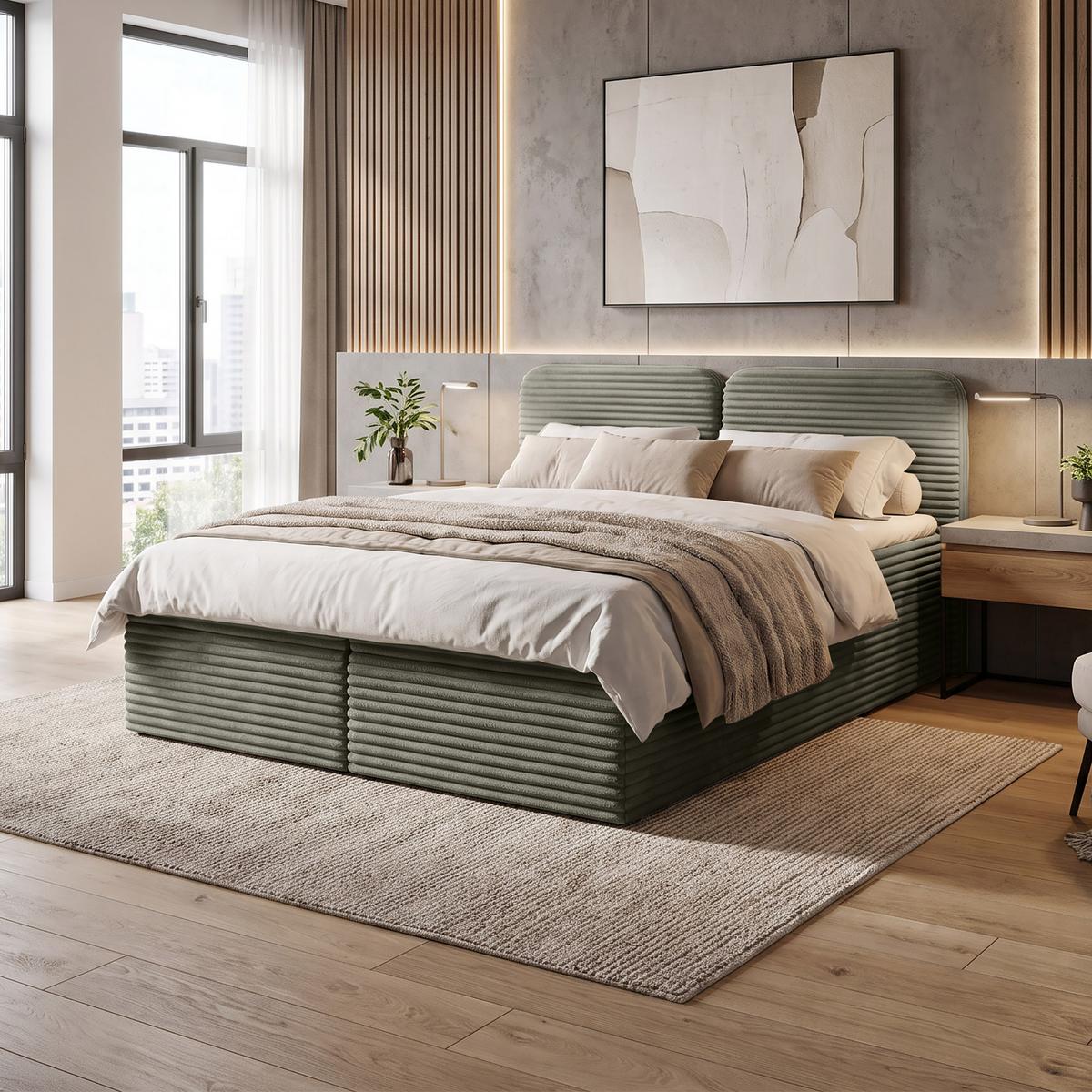 KONTINENTALBETT Lars 160x200 cm mit Topper, Bonnelmatratze, Cord-Stoff, Grün - Grün, Textil (160/200cm) - Beautysofa