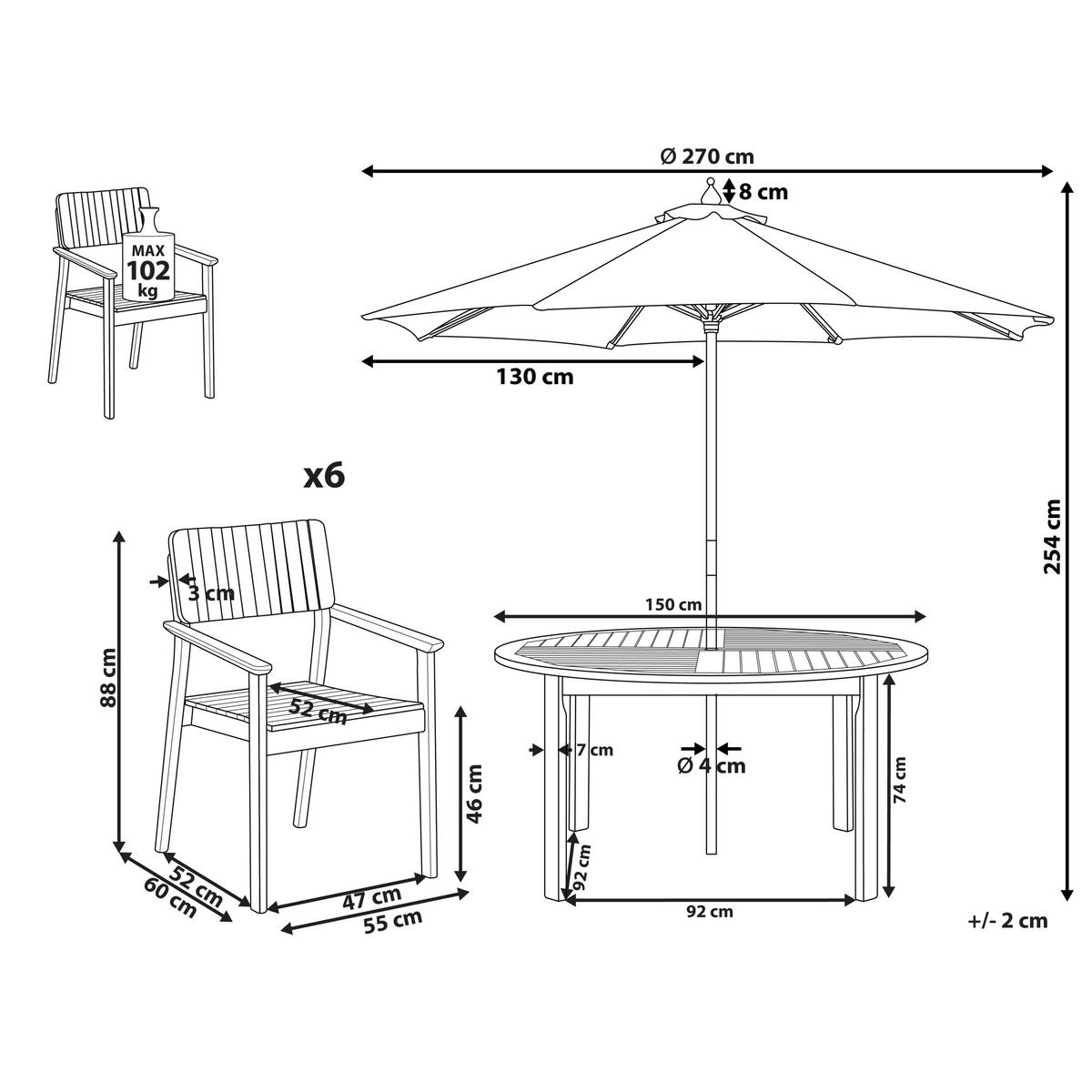 GARTENMÖBEL-SET 6-Sitzer Heller Holzfarbton mit Sonnenschirm Agello - Hellbraun/Beige, Holz - Beliani