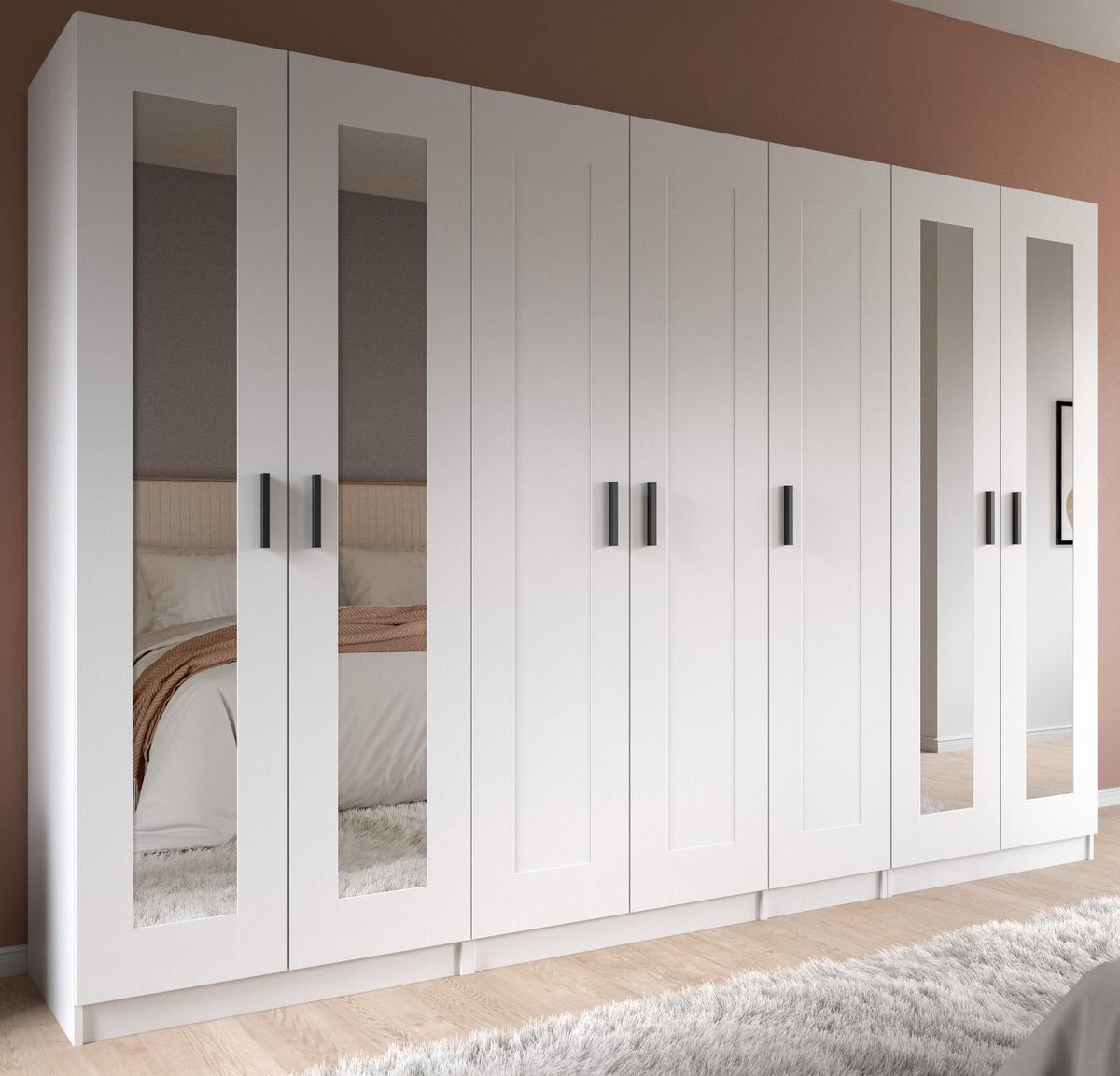 KLEIDERSCHRANK in weiß 280 x 194 cm skandinavisch, Wäscheschrank 7-türig mit Spiegel - Schwarz/Weiß, Glas/Holzwerkstoff (280/194/56cm) - Inn.Furn