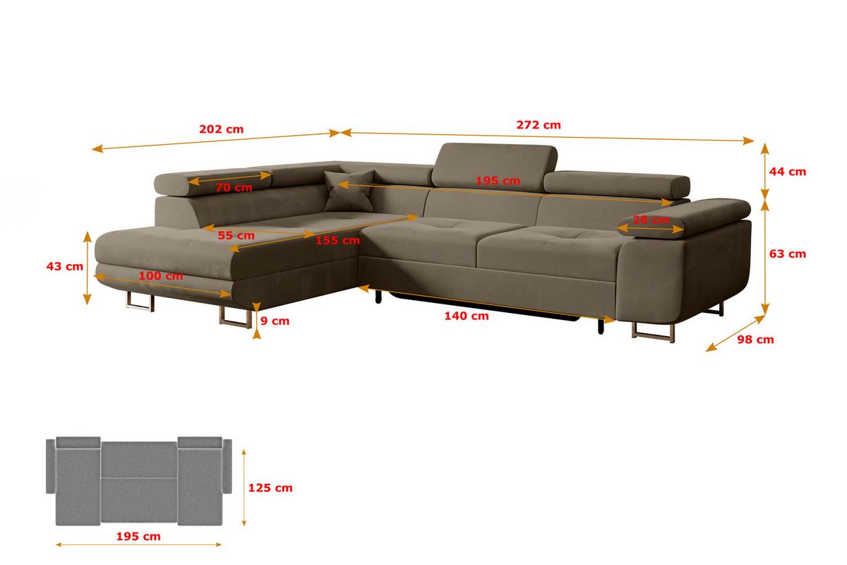 ECKSOFA mit Schlaffunktion und Bettkasten GUSA-L 272x202x107 cm Braun Velours - Silberfarben/Braun, Holzwerkstoff/Textil (202/272cm) - ALTDECOR