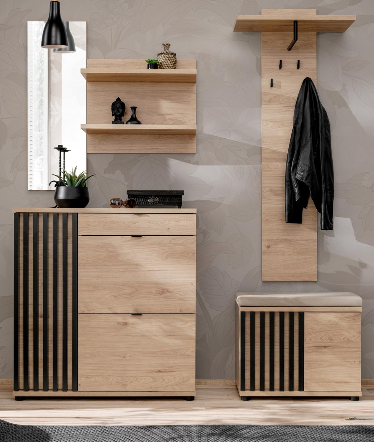 GARDEROBE Set Eiche Jackson, schwarz 170 cm, Garderobenkombination mit 3D-Lamellen - Eichefarben/Schwarz, Holzwerkstoff/Kunststoff (160/202/35cm) - Furn.Design