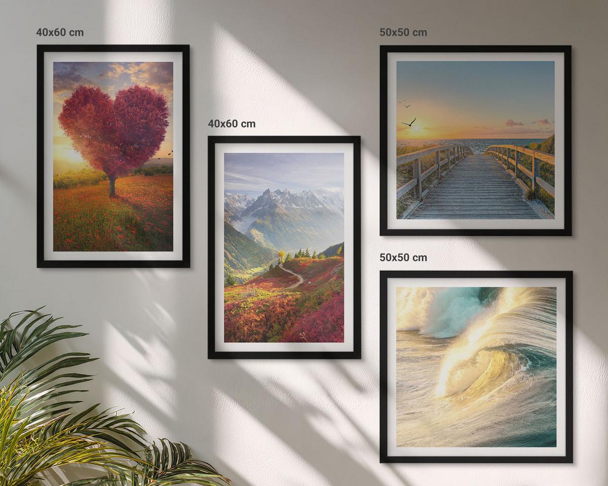 BILDER SET 4er Set - 50x50 cm & 40x60 cm Schwarzer Rahmen - Landschaften Berge Wellen Baum Herz Pier - Schwarz, Kunststoff (50/50cm) - TULUP