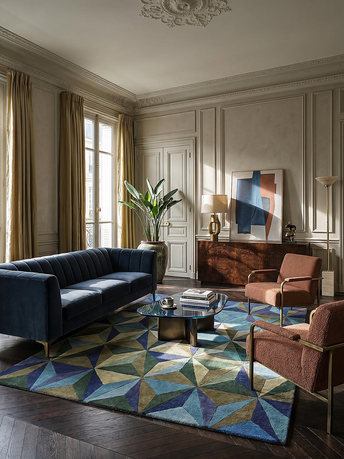 WOLLTEPPICH DERWENT, geometrisch, Florhöhe 10 mm, Blau-Grün, 160 x 230 cm - Blau, Textil (230/160cm) - KADIMA DESIGN