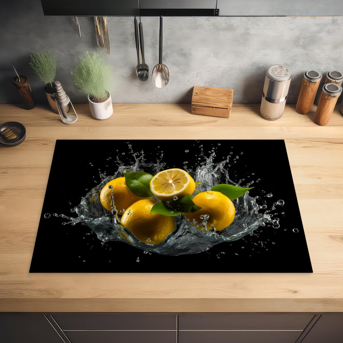 HERDABDECKPLATTE Zitrone - Obst - Gelb - Schwarz Ceranfeldabdeckung 76x51.5 cm - Gelb, Kunststoff (76/51.5/0.2cm) - MuchoWow