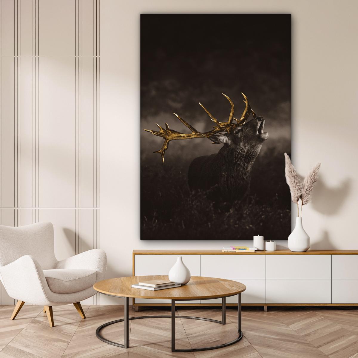 LEINWANDBILD Rotwild - Schwarz - Gold Deko Groß 90x140 cm - Braun, Textil (90/140cm) - MuchoWow