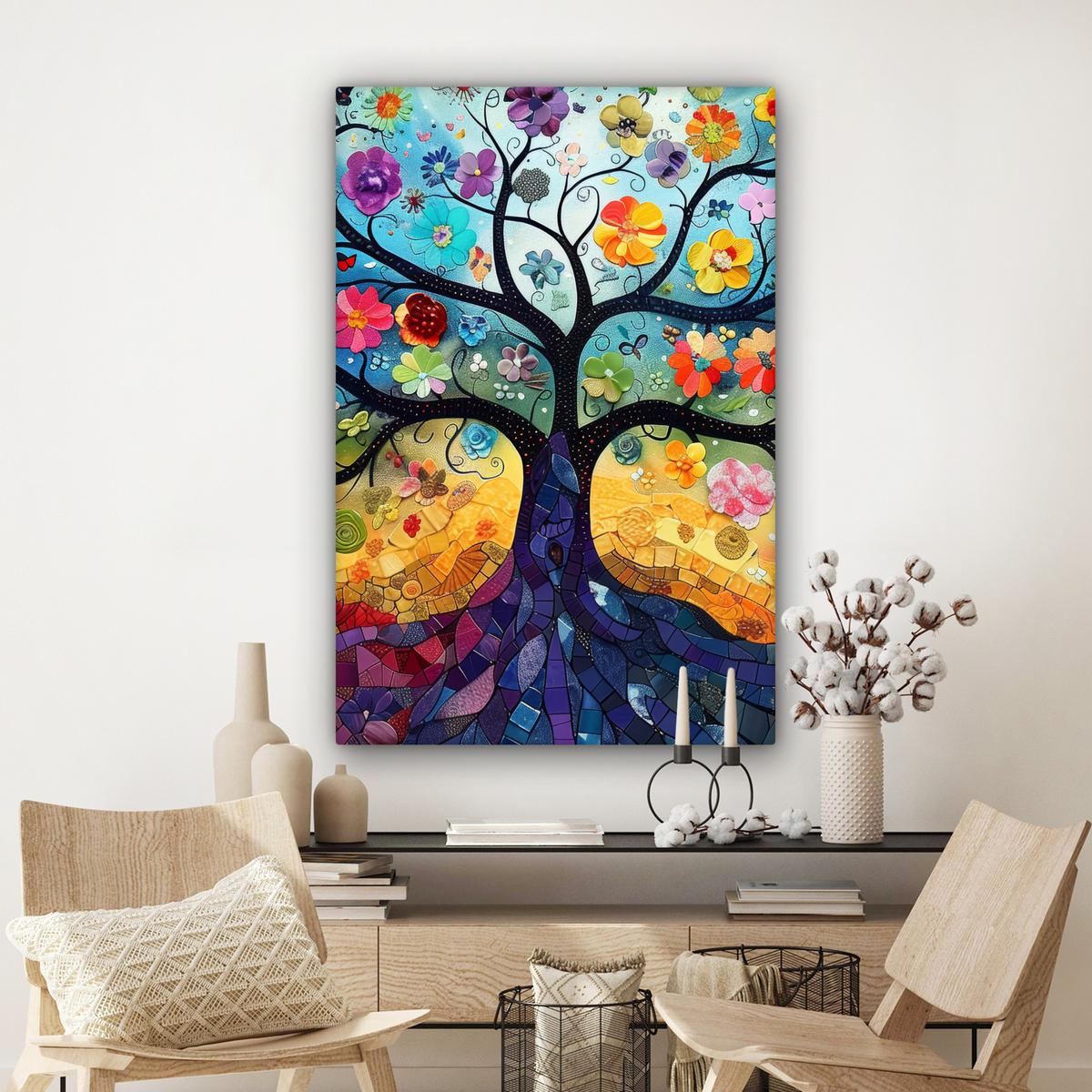 LEINWANDBILD Kunst - Baum des Lebens - Blumen - Hippie Deko XXL 80x120 cm - Dunkelblau, Textil (80/120cm) - MuchoWow