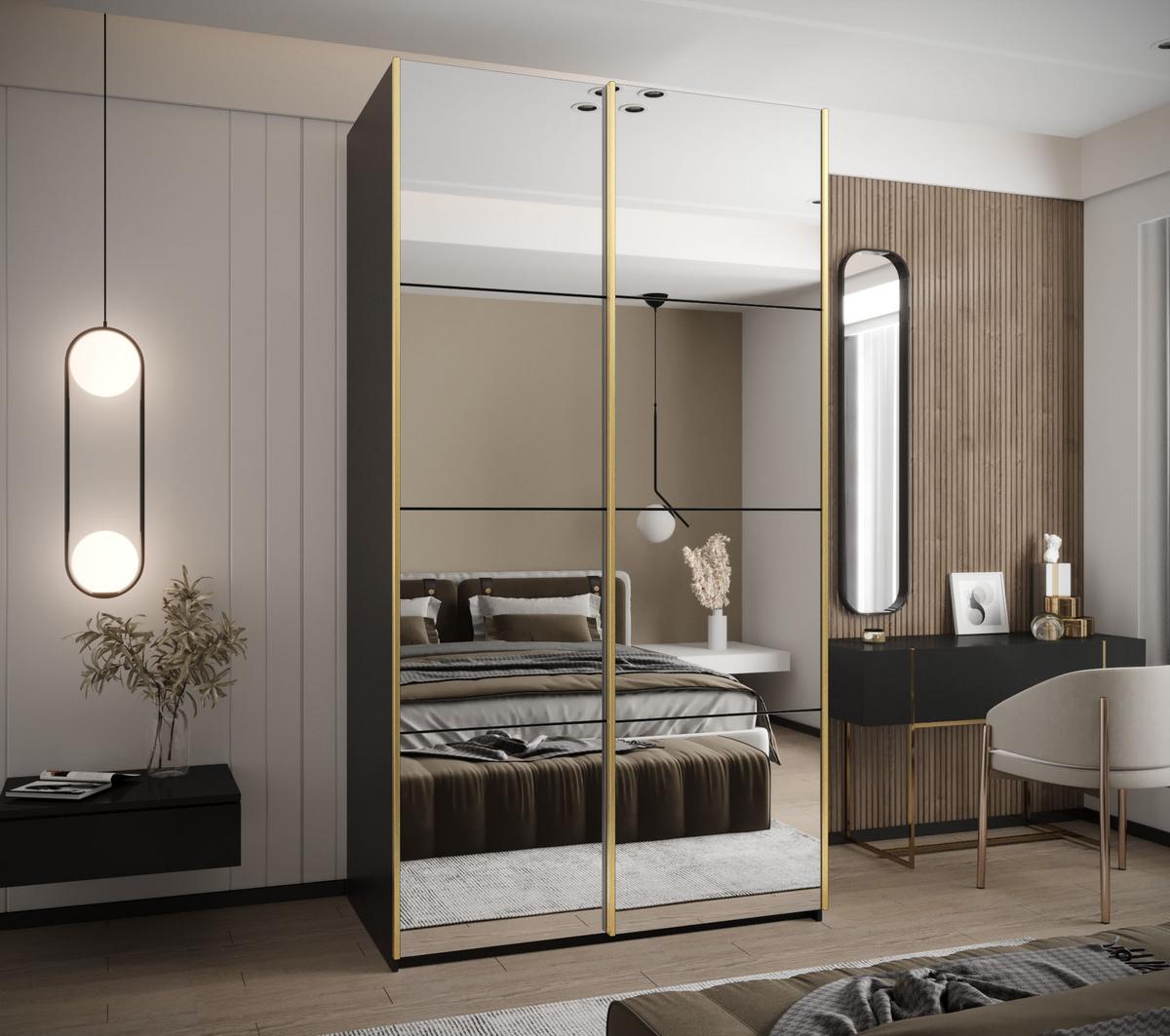SCHWEBETÜRENSCHRANK 245,5/130/64 2-türig - Goldfarben/Schwarz, Holz/Metall (130/245/64cm) - Abiks Möbel