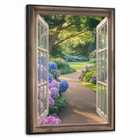 LEINWAND Bilder mit Rahmen - Aussicht - Garten - Fenster - Hortensie - Blumen - 70x100 - Pastellblau, Textil (70/100cm) - MuchoWow