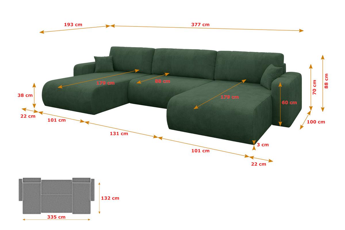 WOHNLANDSCHAFT mit Schlaffunktion und Bettkasten BERY-U 377x193x88 Grün Cord - Dunkelgrün/Schwarz, Holzwerkstoff/Kunststoff (377/88/193cm) - ALTDECOR