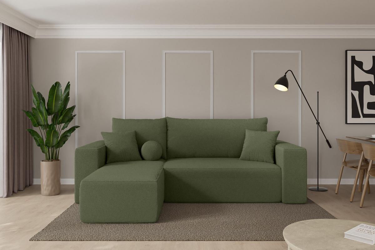 ECKSOFA mit Schlaffunktion Ottomane Links SENO-L 249x139x85 Grün Bouclé - Schwarz/Olivgrün, Holzwerkstoff/Kunststoff (249/139cm) - ALTDECOR