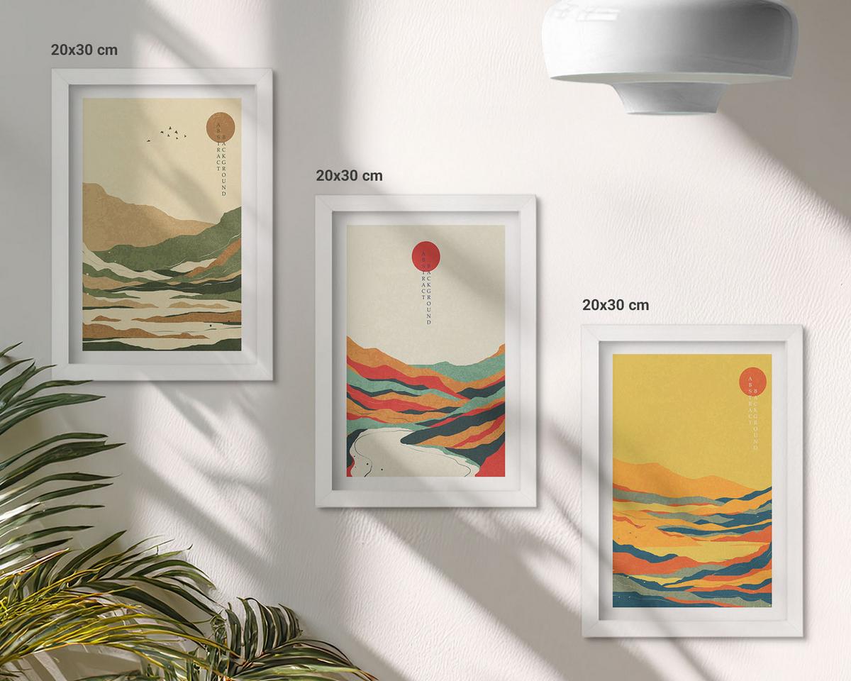 BILDER SET 3er Set - 20x30 cm Weißer Rahmen - Farbenfrohe Muster der Japandi-Flussberge - Weiß, Kunststoff (20/30cm) - TULUP