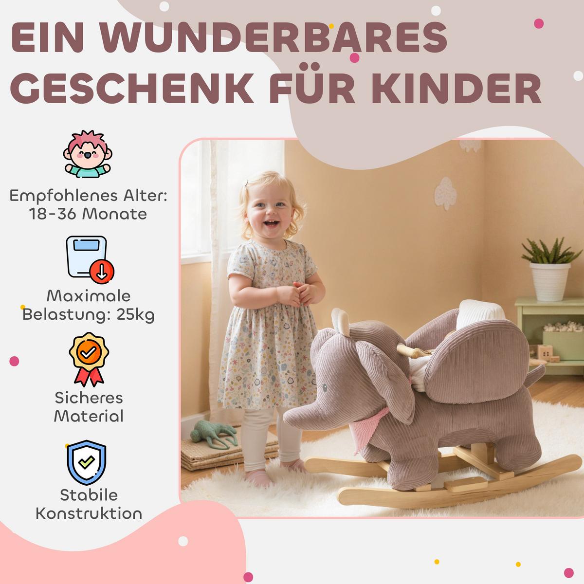 SCHAUKELTIER Elefant-Schaukel interaktive Tiergeräusche weiche Füllung Braun - Braun, Textil (32/49/65cm) - AIYAPLAY