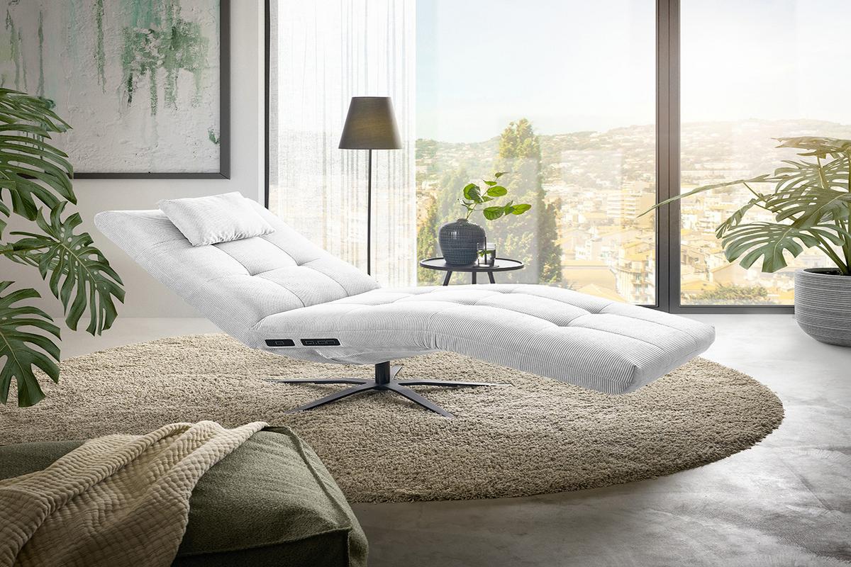 RELAXLIEGE LETICIA Weiß Cord Drehbar (360°), Relaxfunktion - Schwarz/Weiß, Textil/Metall (82/115/156cm) - KAWOLA