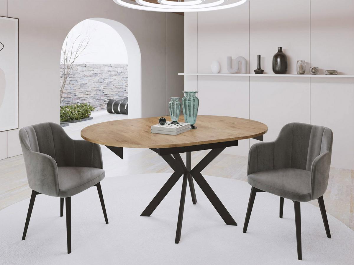 ESSTISCH Lily runder ausziehbarer, Lancelot Eiche 100-140/100/76 cm - Eichefarben/Schwarz, Holzwerkstoff/Metall (100/140/76cm) - WFL GROUP