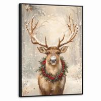 LEINWAND Bilder mit Rahmen - Weihnachten - Rentier - Winter - Kranz - 70x100 - Naturfarben, Textil (70/100cm) - MuchoWow