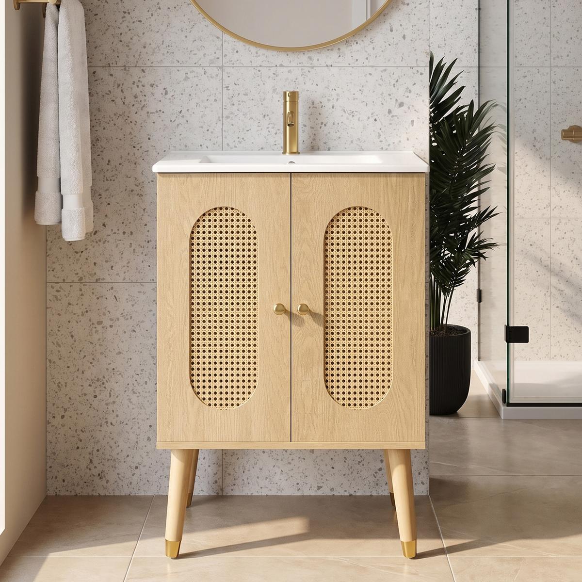 WASCHTISCHUNTERSCHRANK Holzoptik mit Rattan-Türen & Keramikbecken - Naturfarben, Holzwerkstoff (61/89/47cm) - Urban Meuble