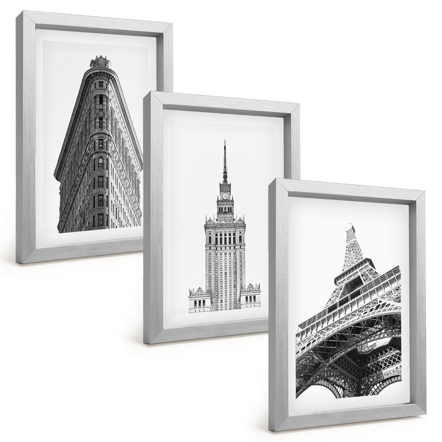 BILDER SET 3er Set - 20x30 cm Silberner Rahmen - Architektonische Schwarz-Weiß-Gebäude - Silberfarben, Kunststoff (20/30cm) - TULUP