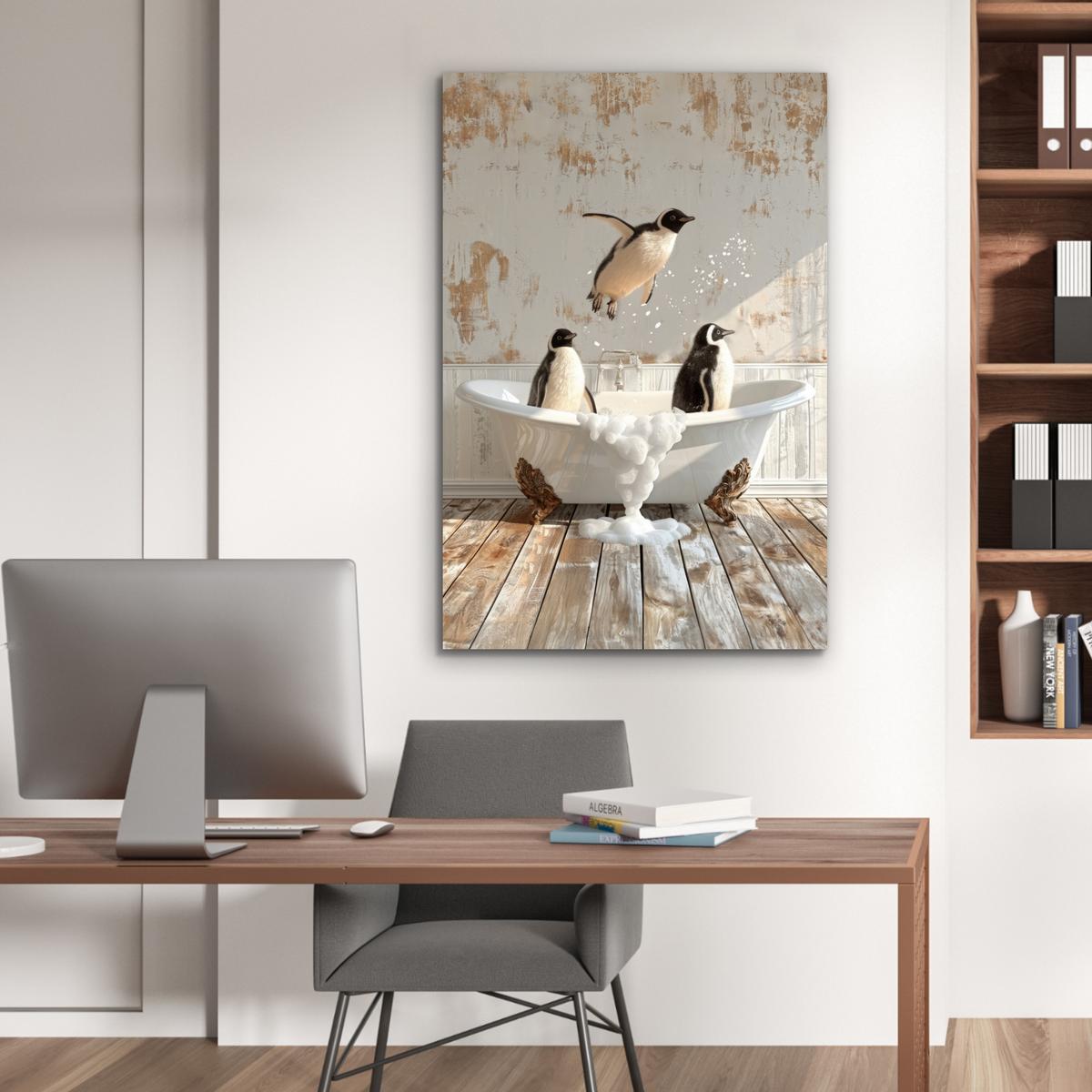 METALLBILD Vintage - Pinguin - Badewanne - Schaumstoff 80x120 cm - Schwarz, Metall (80/120cm) - MuchoWow