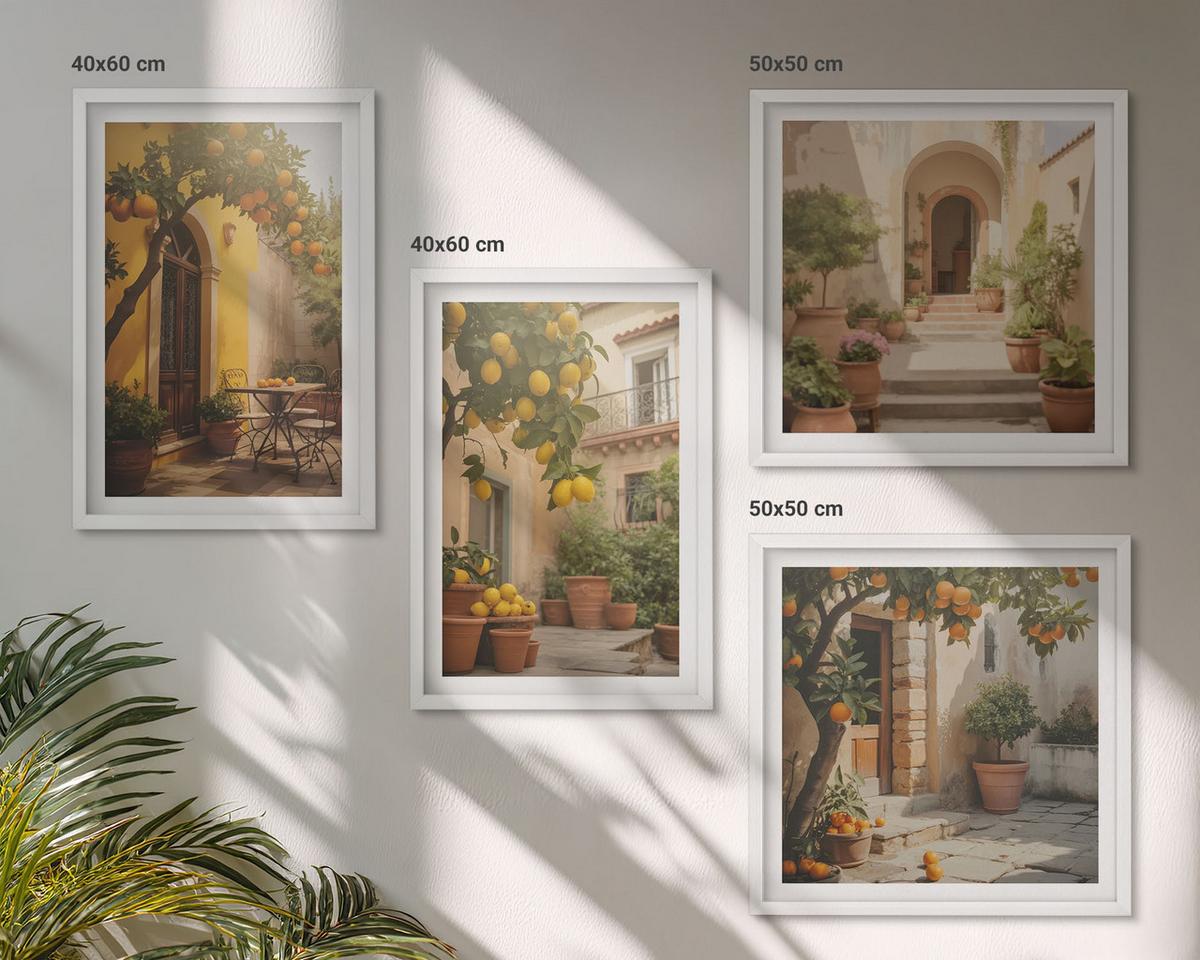 BILDER SET 4er Set - 50x50 cm & 40x60 cm Weißer Rahmen - Terrasse mit Zitrusbäumen - Weiß, Kunststoff (50/50cm) - TULUP