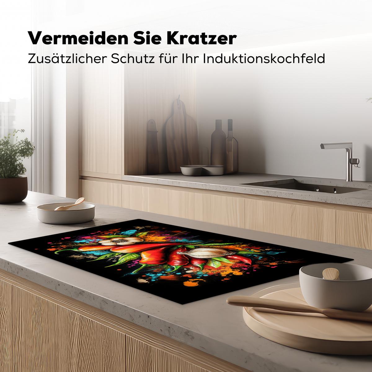 HERDABDECKPLATTE Gemüse - Paprika - Knoblauch - Graffiti - Farbe - Bunt Induktionsschutz 89.6x51.6 cm - Rot, Kunststoff (89.6/51.6/0.2cm) - MuchoWow