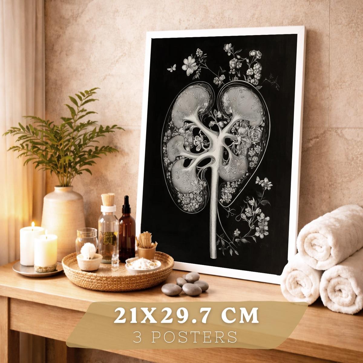 POSTER Set aus 3 Anatomie Mensch Drucke und Wandbilder mit Niere Harnsystem Gehirn und Herz Klassisches Schwarz Weiß Design Größe Weißer Rahmen A4 - Weiß, Papier (21/29.7/3cm) - Nacnic