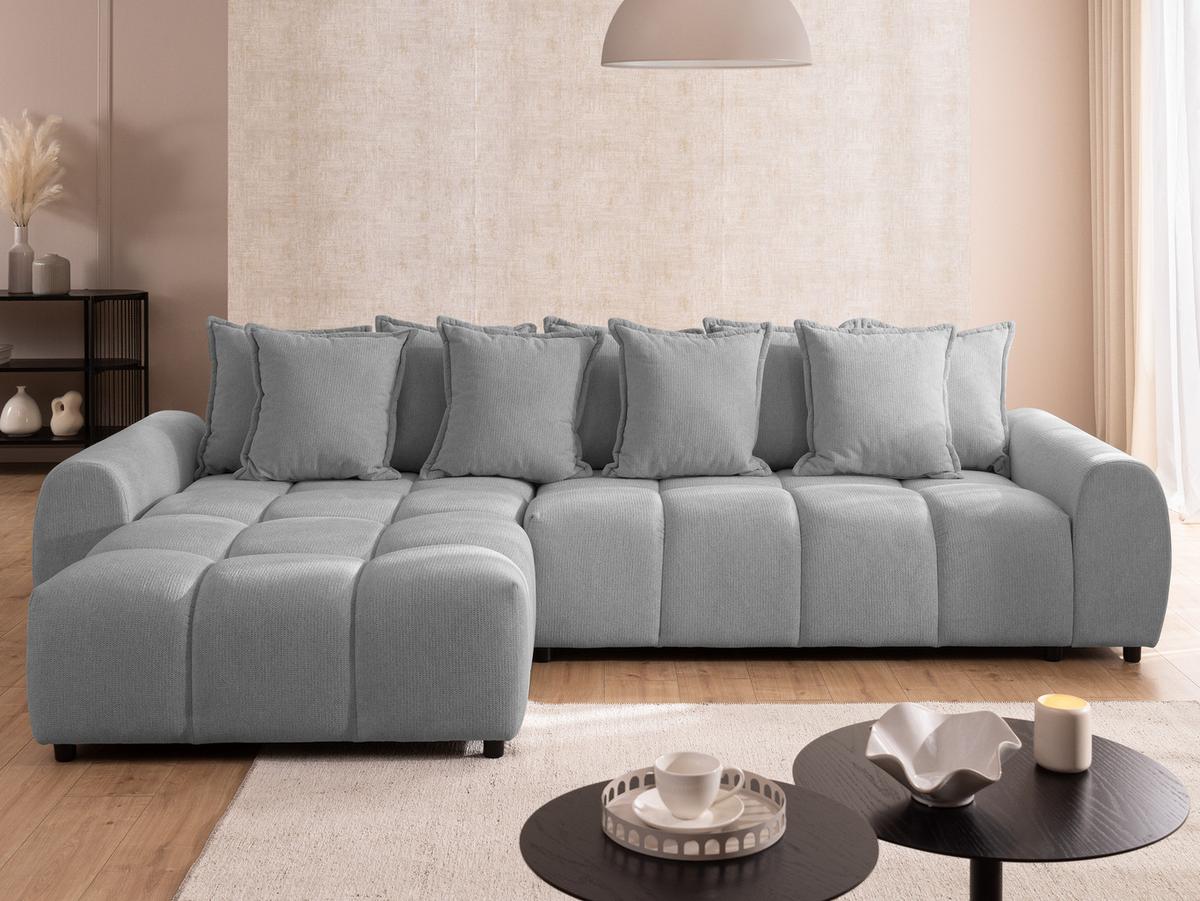 ECKSOFA Bubble mit losen Rückenkissen und Sitzfläche in Bubble-Optik aus weichem Grau Strukturstoff mit schöner Sitzkomfort - Ottomane links - Schwarz/Grau, Holz/Kunststoff (180/306cm) - S-Style Möbel
