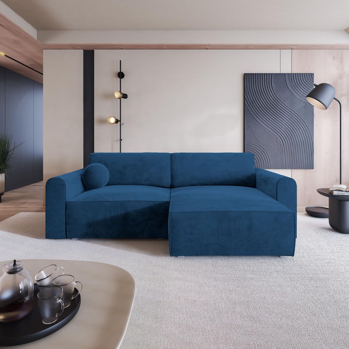 ECKSOFA FIANO M Blau Velours-Stoff mit Schlaffunktion - Blau/Grau, Holz/Kunststoff (245/148cm) - MASSENO