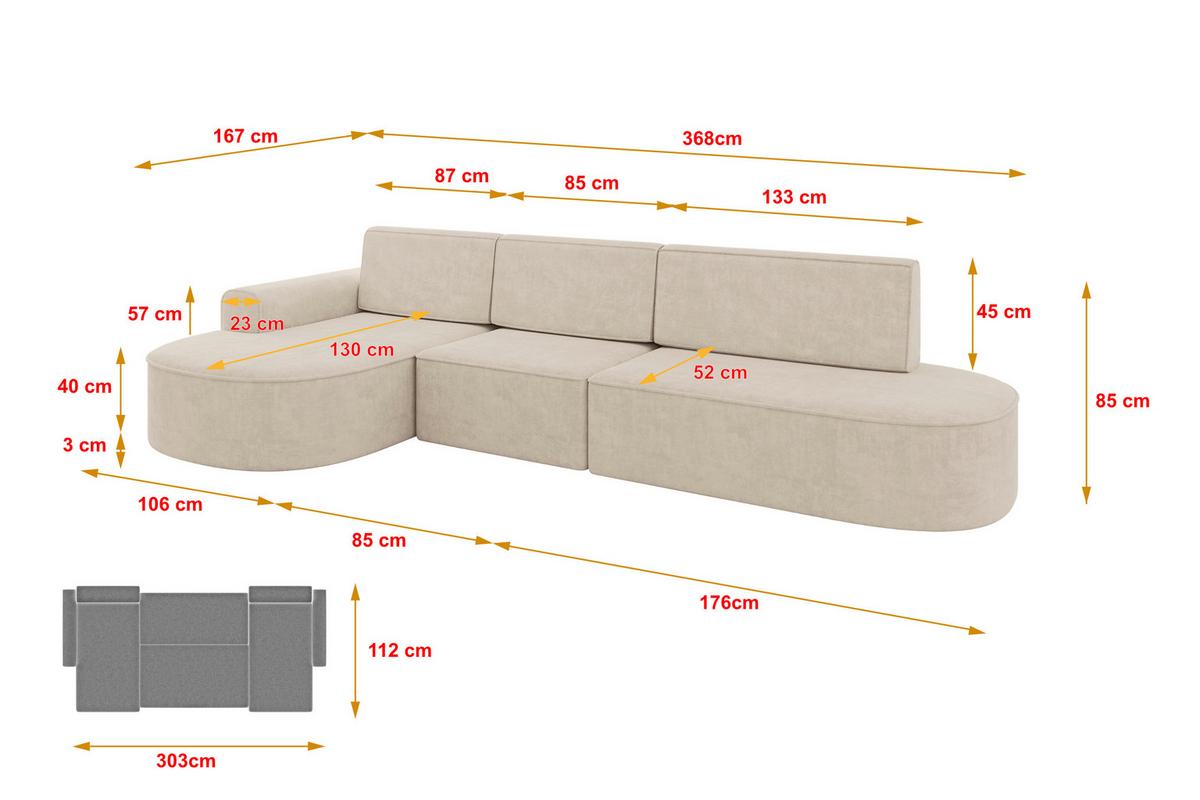 ECKSOFA mit Schlaffunktion Ottomane Links MARI L2-S 368X167X85 Beige Velours - Sandfarben/Schwarz, Holzwerkstoff/Kunststoff (368/167cm) - ALTDECOR