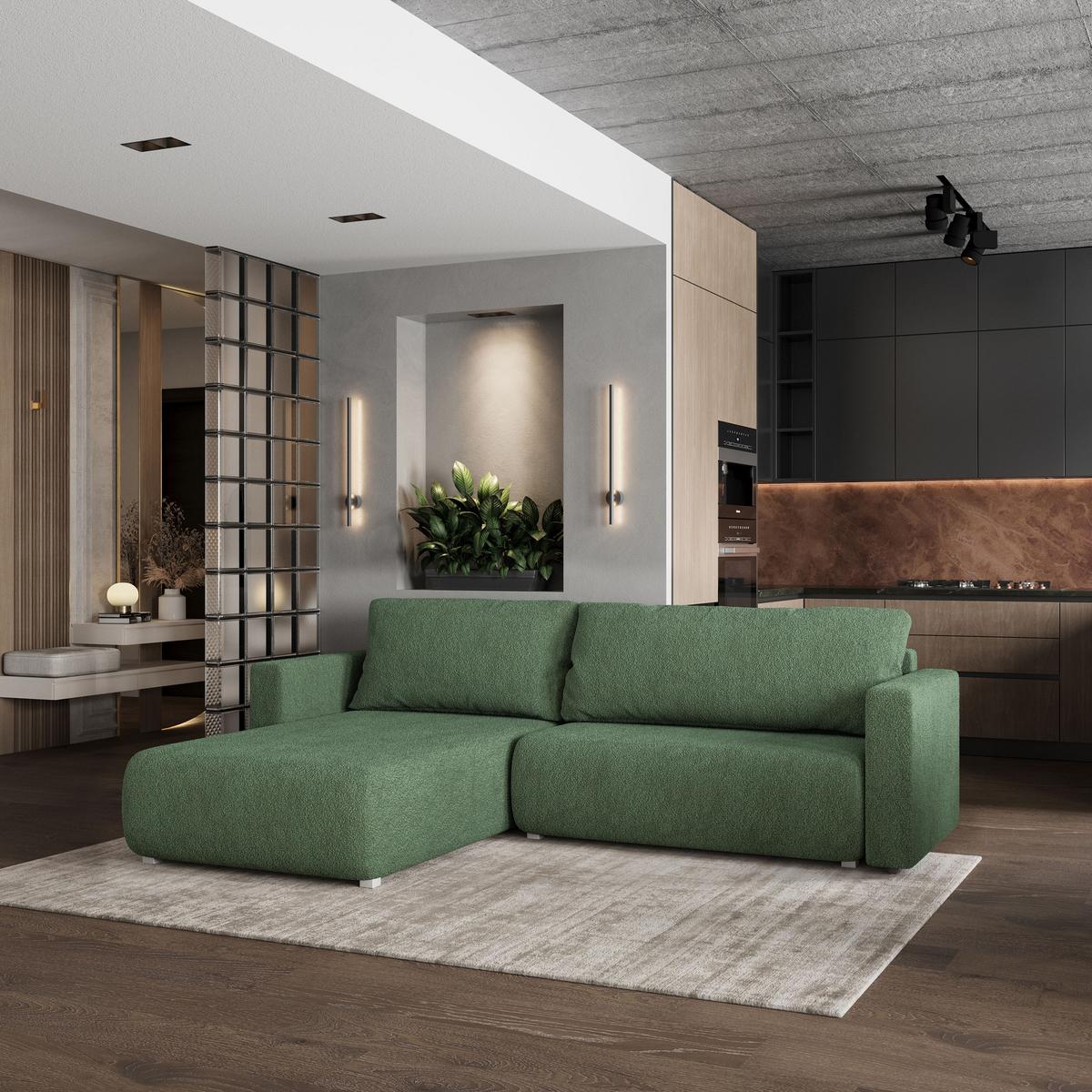 ECKSOFA TURIN N Grün Bucle-Stoff mit Schlaffunktion - Grau/Grün, Holz/Kunststoff (265/183cm) - MASSENO
