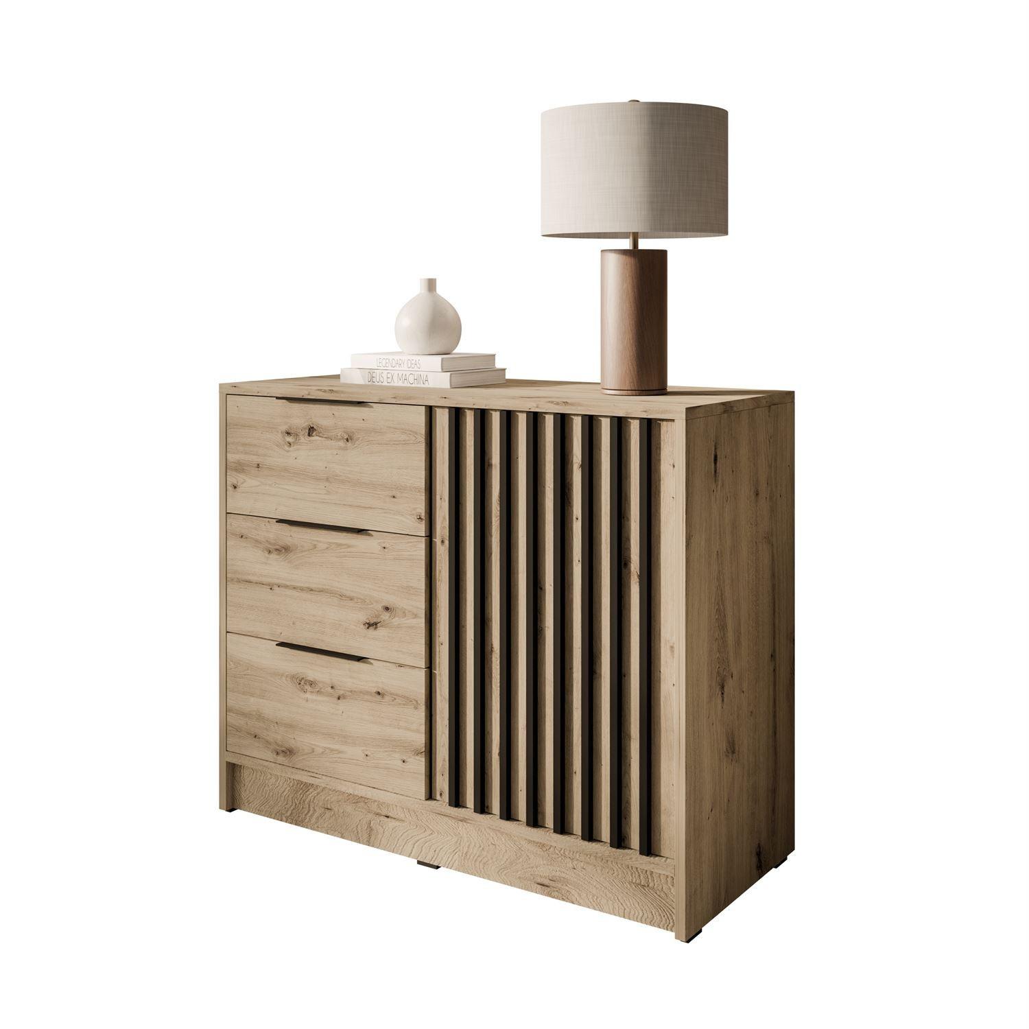 KOMMODE NELA mit Lamellen, Artisan/Schwarz - Eiche Artisan, Holzwerkstoff (105/86/45cm) - Lookway