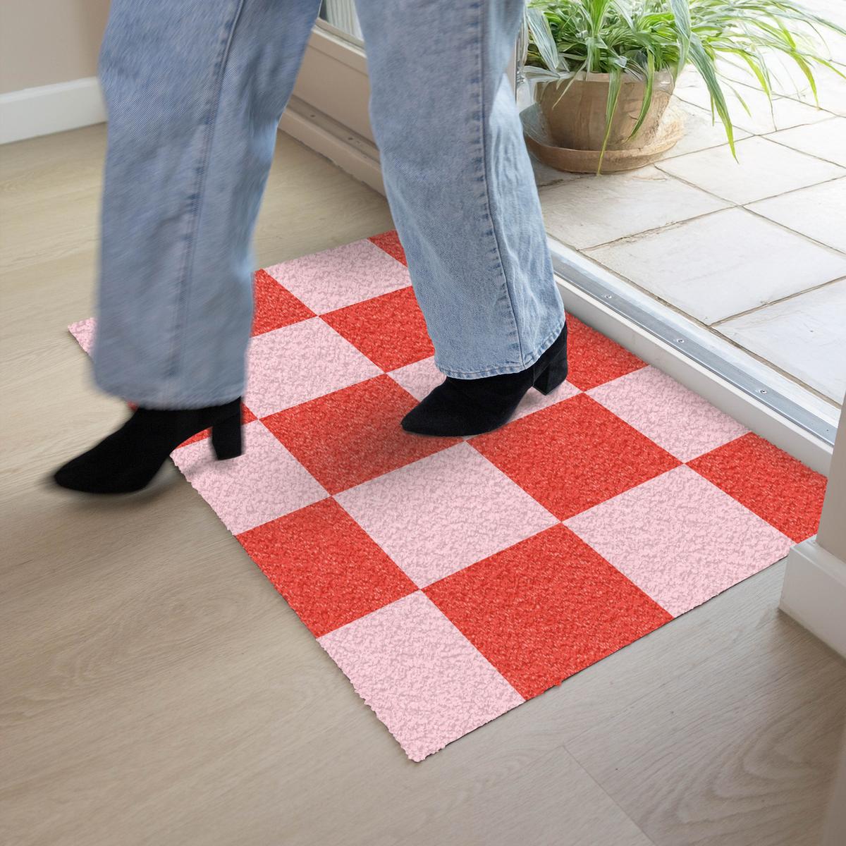 FUSSMATTE Schachbrettmuster - Rot - Rosa - Würfel Türmatte 90x60 cm - Rot, Kunststoff (90/0.4cm) - MuchoWow