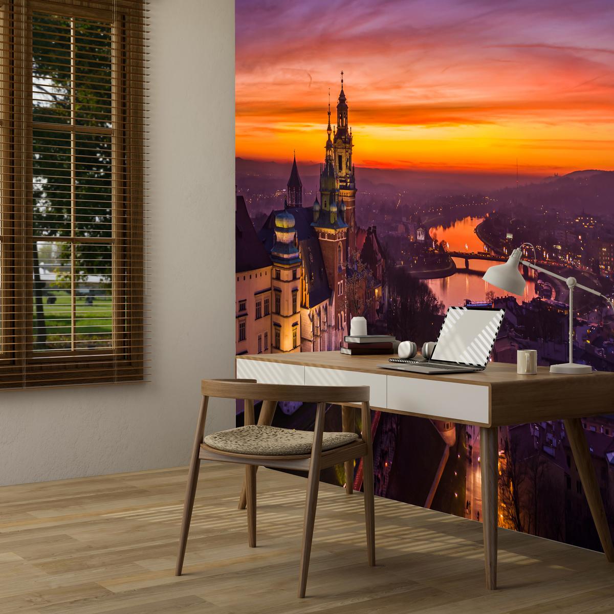FOTOTAPETE für Wohnzimmer Sonnenuntergang Wawelburg Architektur Stadt 100x70 - Orange, Papier (100/70cm) - Muralo