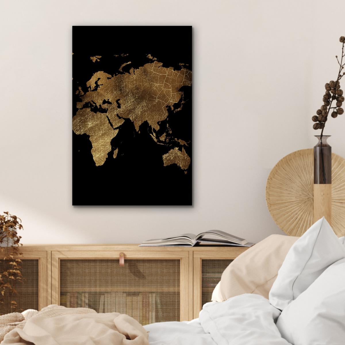 METALLBILD Weltkarte - Gold - Luxus - Erde - Schwarz Deko Schlafzimmer 40x60 cm - Goldfarben, Metall (40/60cm) - MuchoWow