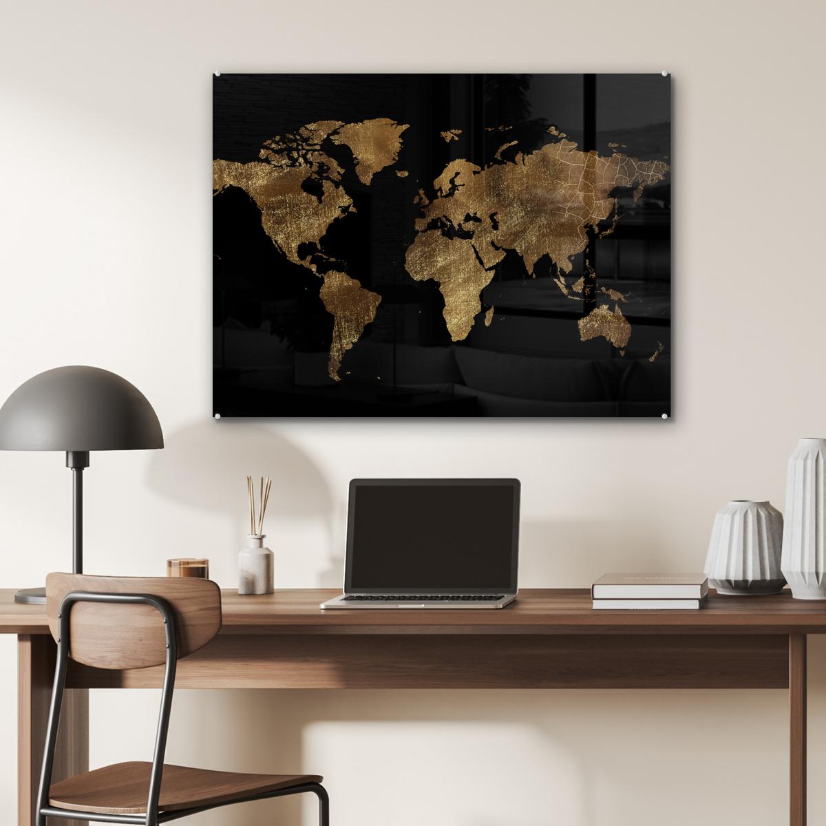 ACRYLGLASBILD Weltkarte - Gold - Luxus - Erde - Schwarz 80x60 cm - Goldfarben, Glas (80/60cm) - MuchoWow