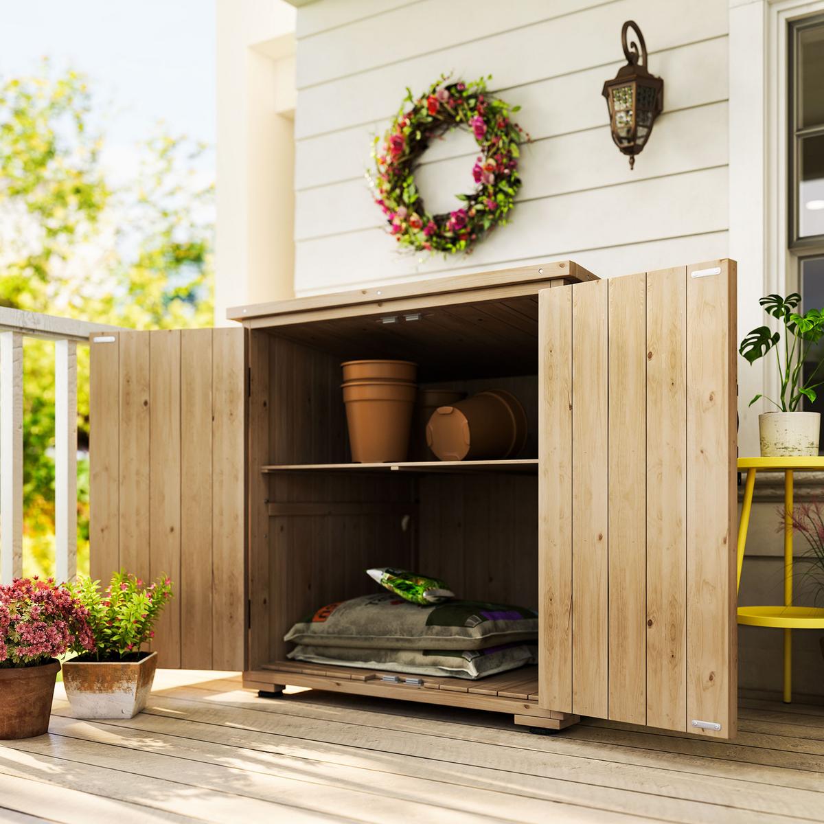 GARTENSCHUPPEN, Geräteschrank, Wetterfester Geräteschuppen mit Doppeltür Natur - Fichtefarben, Holz (88/90/77.5cm) - Outsunny