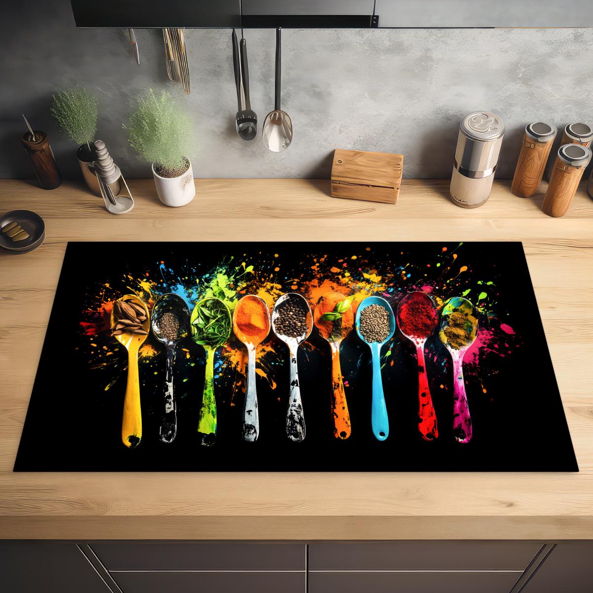 HERDABDECKPLATTE Löffel - Gewürze - Modern - Graffiti - Farbe - Farbenfroh Ceranfeldabdeckung 90x52 cm - Multicolor, Kunststoff (90/52/0.2cm) - MuchoWow