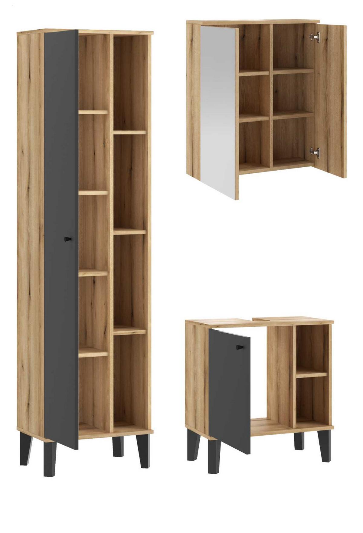 BADMÖBEL-SET 3-teilig grau, Evoke Eiche, Badkombination 121 x 190 cm - Eichefarben/Grau, Glas/Holzwerkstoff (121/190/33cm) - Furn.Design