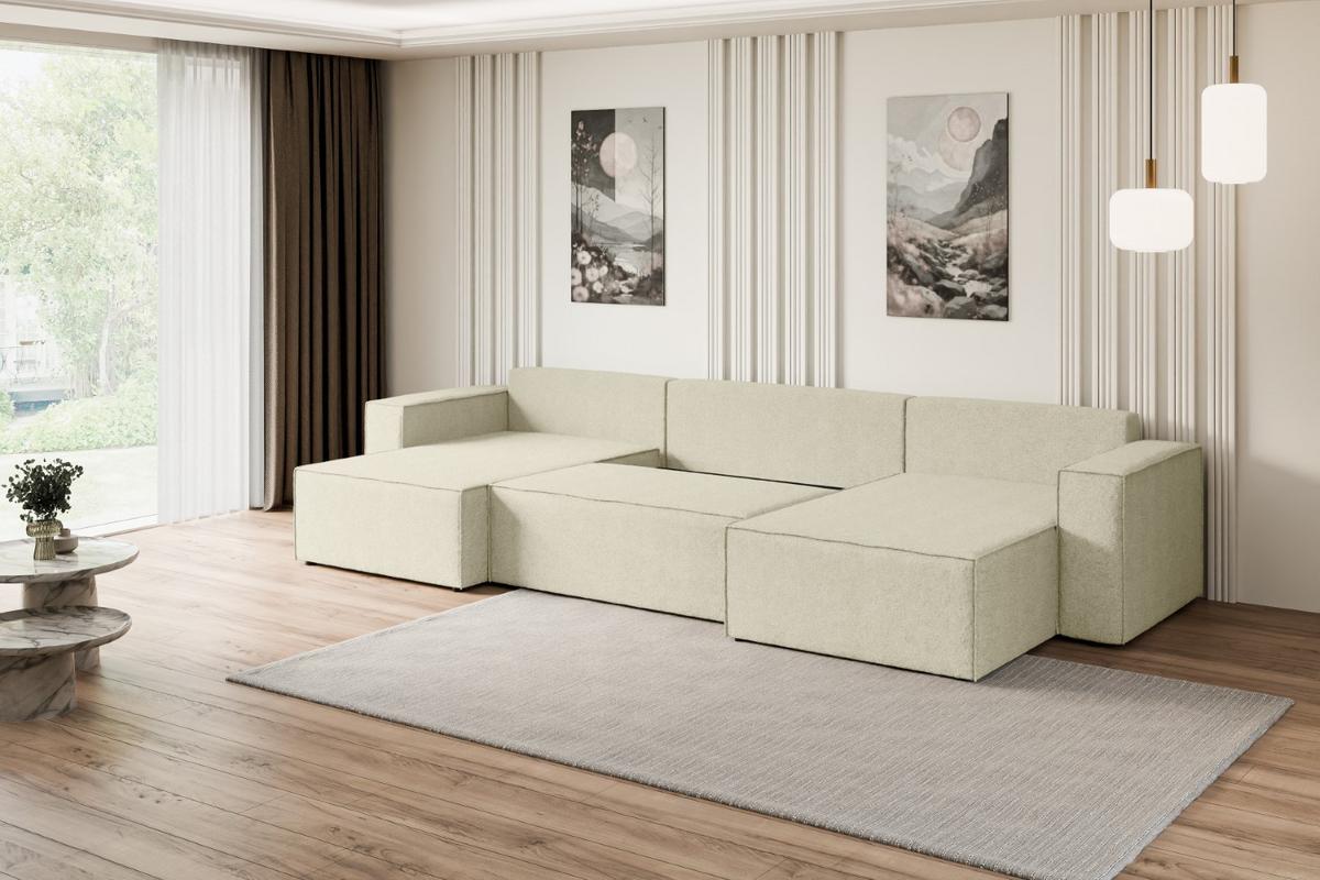 WOHNLANDSCHAFT mit Schlaffunktion und Bettkasten CELTIC-XLU - 377x143x83 cm Beige Bouclé - Beige/Schwarz, Holzwerkstoff/Kunststoff (377/83/143cm) - ALTDECOR
